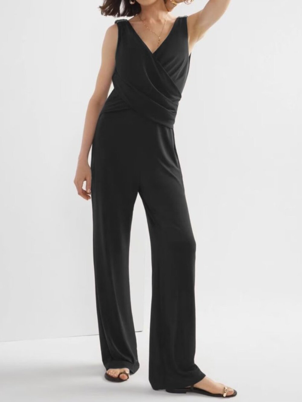 WHBM Black Jumpsuit Wide Leg Sleeveless Stretch Jersey Surplice Cowl Shirred MJ